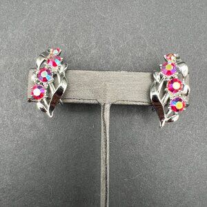 Vintage Star Screw Back Earrings‎ Purple Pink AB Rhinestone Flower Silver Tone